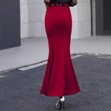 Long Autumn Solid Vintage Elastic Women Trumpet Party Office Wear High Waist Skirts