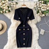 V Neck Short Sleeve Knit Sexy Mini Dress Office Lady Button Elegant Bodycon Dress