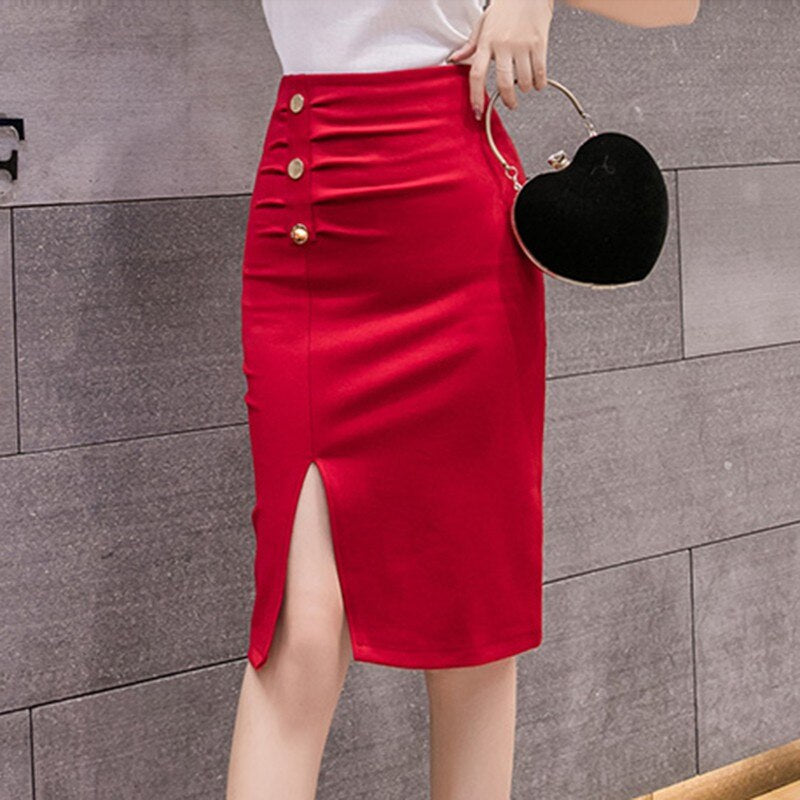 Office Lady High Waist Spring Fashion Single-breasted Solid Color Women Knee-length Pencil Skirt