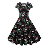 Multicolor Print Red Christmas Gift Women Party O Neck High Waist Cap Sleeve Vintage 50S Style Dress