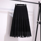 Elegant Frill Trim Chiffon Pleated Skirt Summer Elastic High Waist Solid Casual Midi Skirt