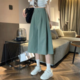 Women High Waist Wide Leg Pants Korean Style Solid Color Loose Ladies Calf-length Casual Pants