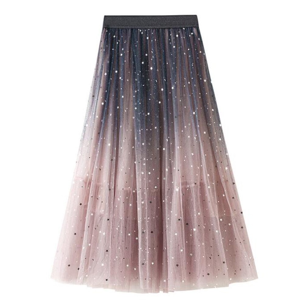 Women Summer Elegant Ombre Pattern Midi Tulle Ladies Autumn Streetwear High Waist Casual Long Skirts