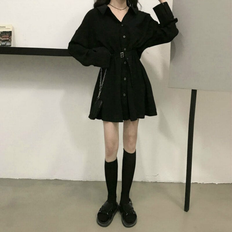 Black Gothic Mini Dress Women Turn-down Collar Button Long Sleeve Elegant Solid Color Streetwear Clothing Hepburn Vestidos Chic