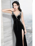 V Neck Sleeveless Sexy Lady Long Party Dress Green Black Velour High Split Women Vestidoes Robe