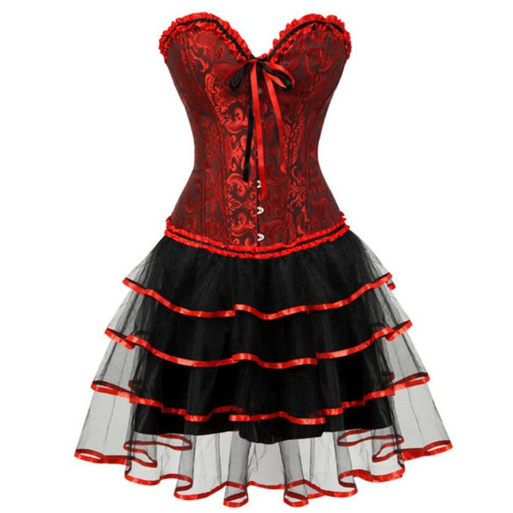 Red Black Corset Dresses Burlesque Corsets Bustiers with Skirt Vintage Costumes Lace Up Floral Corset Lingerie for Women