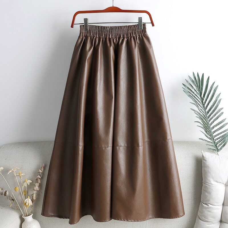 High Waist A Line Autumn Winter Faux Leather Elastic Waist Solid Vintage PU Leather Midi Skirt