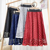 Woman Elegant Midi Skirt Office Lady Zipper A Line Hollow Out Lace Elastic High Waist Skirts
