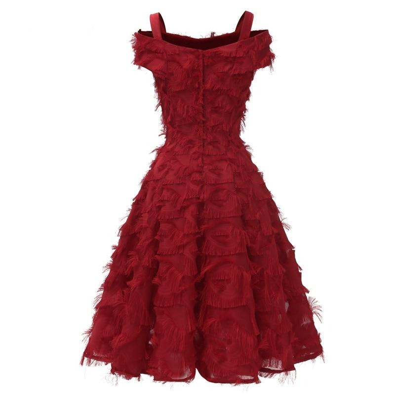 Burgundy Cold Shoulder Glamorous Fringe Midi Women Party Night Spaghetti Strap Elegant Flare Vintage Dress
