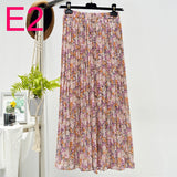 Summer New Vintage Floral Print Chiffon Pleated Skirt Elastic High Waist Casual Midi Skirt