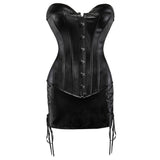 Women Gothic Faux Leather Corset Dress Burlesque Sexy Zipper Lace Up Corset Bustier Top With PU Leather Mini Skirt Set Plus Size
