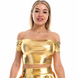 Sexy Slash Neck Off Shoulder Metallic Crop Glitter Holographic Tank Top Short Vest Rave Festival Clubwear