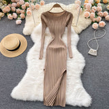 Autumn Winter Midi Dress Women O-Neck Long Sleeve Ribbed Knitted Dress Side Slit Night Club Party Sexy Bodycon Dress