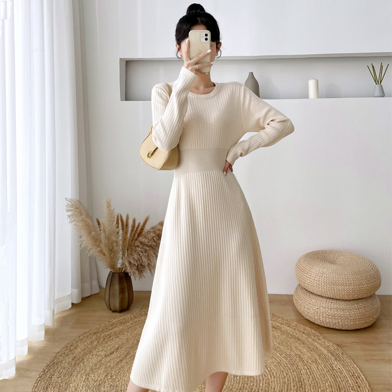 Women Quality Elegant A-line Knit Dress Long Sleeve Slim Waist Basic S jetechband Women Quality Elegant A-line Knit Dress Long Sleeve Slim Waist Basic S jetechband