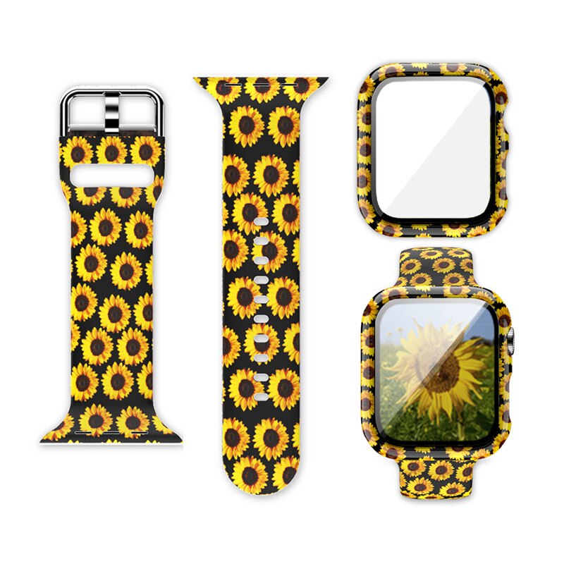 New Silicone Printed Strap + Case For Apple Watch Series 6 5 4 40mm 44mm iWatch Band SE 3 38mm 42mm Tempered Glass film Bracelet