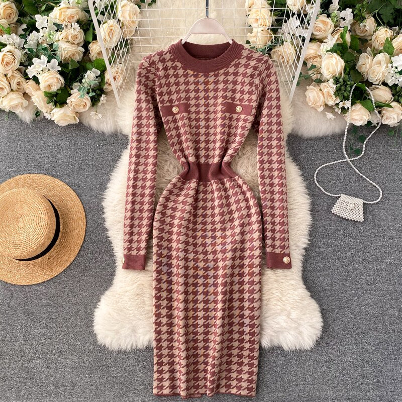 Autumn Winter Knitted Dresses Women Houndstooth Buttons Office Lady Elegant Midi Dress Back Slit Sexy Bodycon Dress