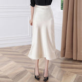 Summer Midi Elegant High Waist Black Long Satin Skirt Office Trumpet Vintage Silk Fishtail Skirts