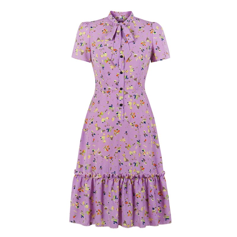 Lavender Bow Tie Neck Button Up Multicolor Print 50s Midi Dresses Women Short Sleeve High Waist Vintage Slim Ruffle Dress