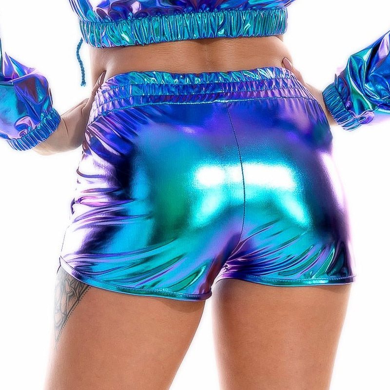 Summer Women Metallic Elastic Waist Shiny Hot Pants Rave Dance Booty Shorts with Pockets Club Bottoms
