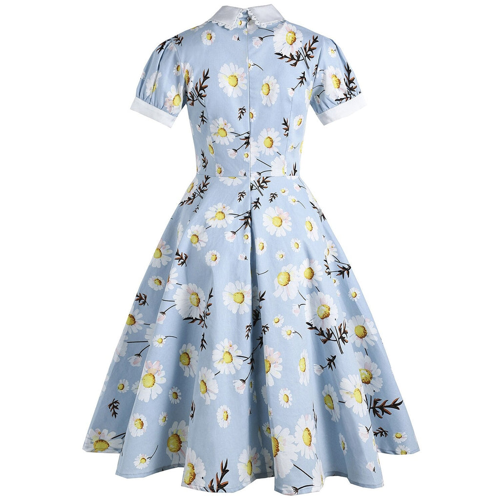 Flora Blue Summer Casual A Line Women Dress With Pocket Little Daisy Peter Pan Collar Swing Rockabilly 40s 50s 60s Sundress