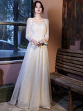 A-line Prom Long-sleeve Women Party Dresses Sequins Elegant Formal Robe Square Neck Evening Dress