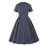 Navy Blue Button Front Striped Vintage Robe Cotton High Waist Elegant Pocket Pleated Midi Dress