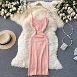 Women V Neck Sleeveless Spaghetti Strap Dress Sexy Night Club Party Knitted Bodycon Midi Dress Elegant