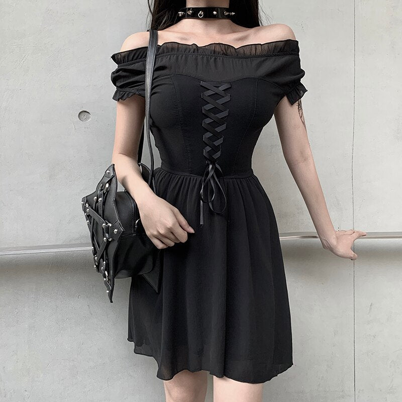 2021 Elegant Party Off Shoulder Mini Dress Women Black Mesh Chiffon Bandage Slim Clothing Gothic Streetwear Fashion Sexy Dress