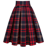 2021 Vintage Pleated Skirt England Style Plaid Print High Waist Womens Retro School Summer Skirt 50s Rockabilly Red Midi Skater