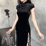 Stand Collar Vintage Buttons Chi-Pao Robe Velvet Long Dresses for Women Cap Sleeve Elegant Party Sexy Split Bodycon Dress