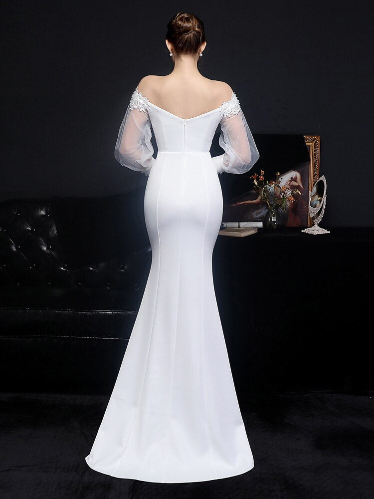 Elegant White Satin Appliques Beading Wedding Dress Women See through Tulle Long Sleeve Party Dress