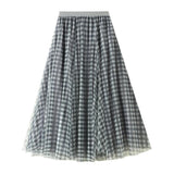 Plaid Summer Women Long Vintage Stretch High Waist A-Line Tulle Maxi Skirt