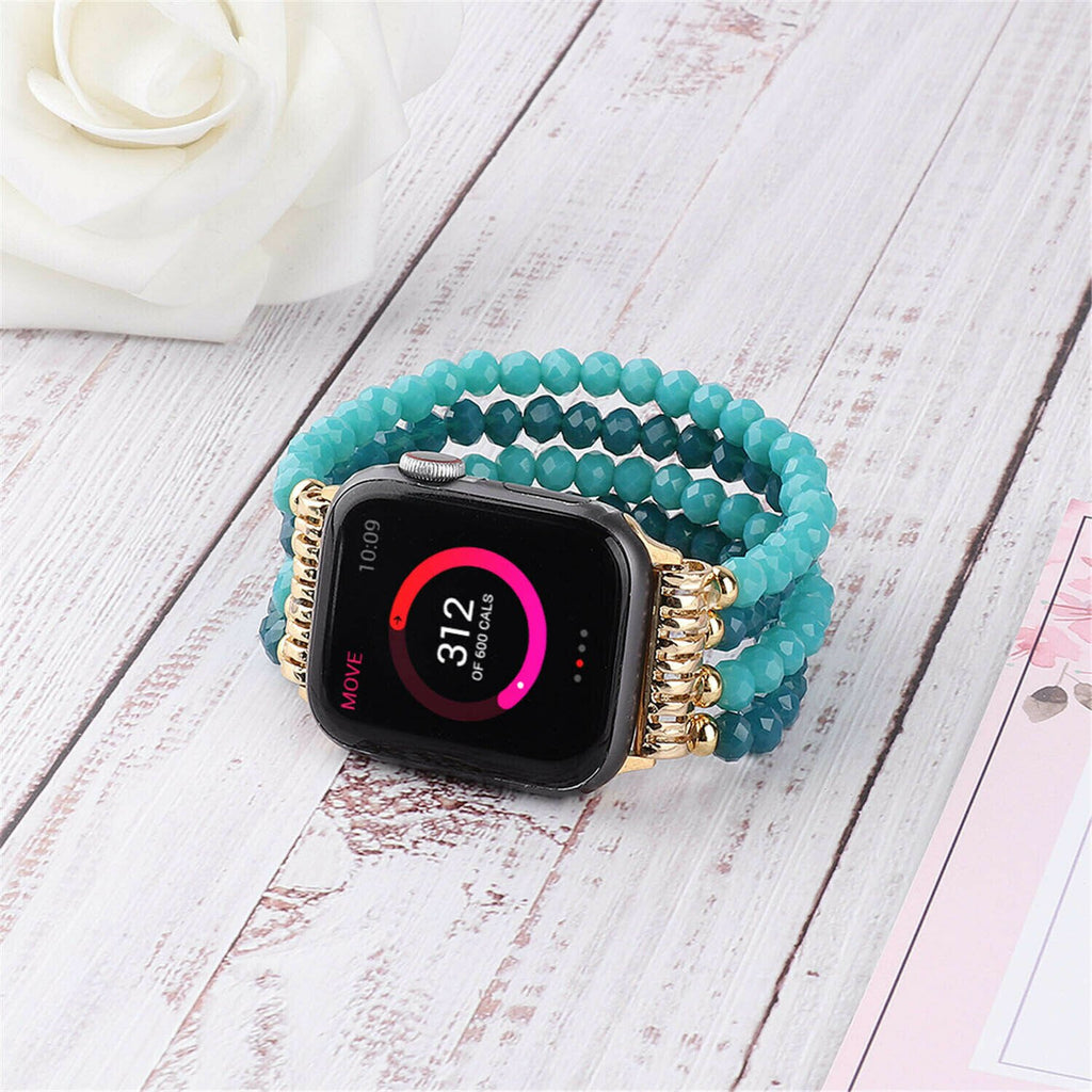 Blue Turquoise Beads Bangle Strap For Apple Watch Band 40mm 42mm 38mm 44mm Elastic Bracelet For iWatch Series 1 2 3 4 5 6 SE
