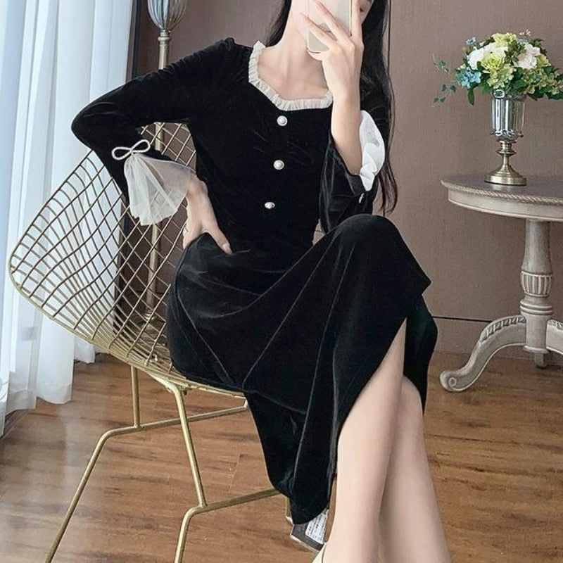 Velvet One Piece Dress Korean Fashion Black Vintage Midi Dresss Women jetechband Velvet One Piece Dress Korean Fashion Black Vintage Midi Dresss Women jetechband
