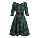 Green Plaid Elegant 1950s Style Vintage Robe V Neck High Waist Dress