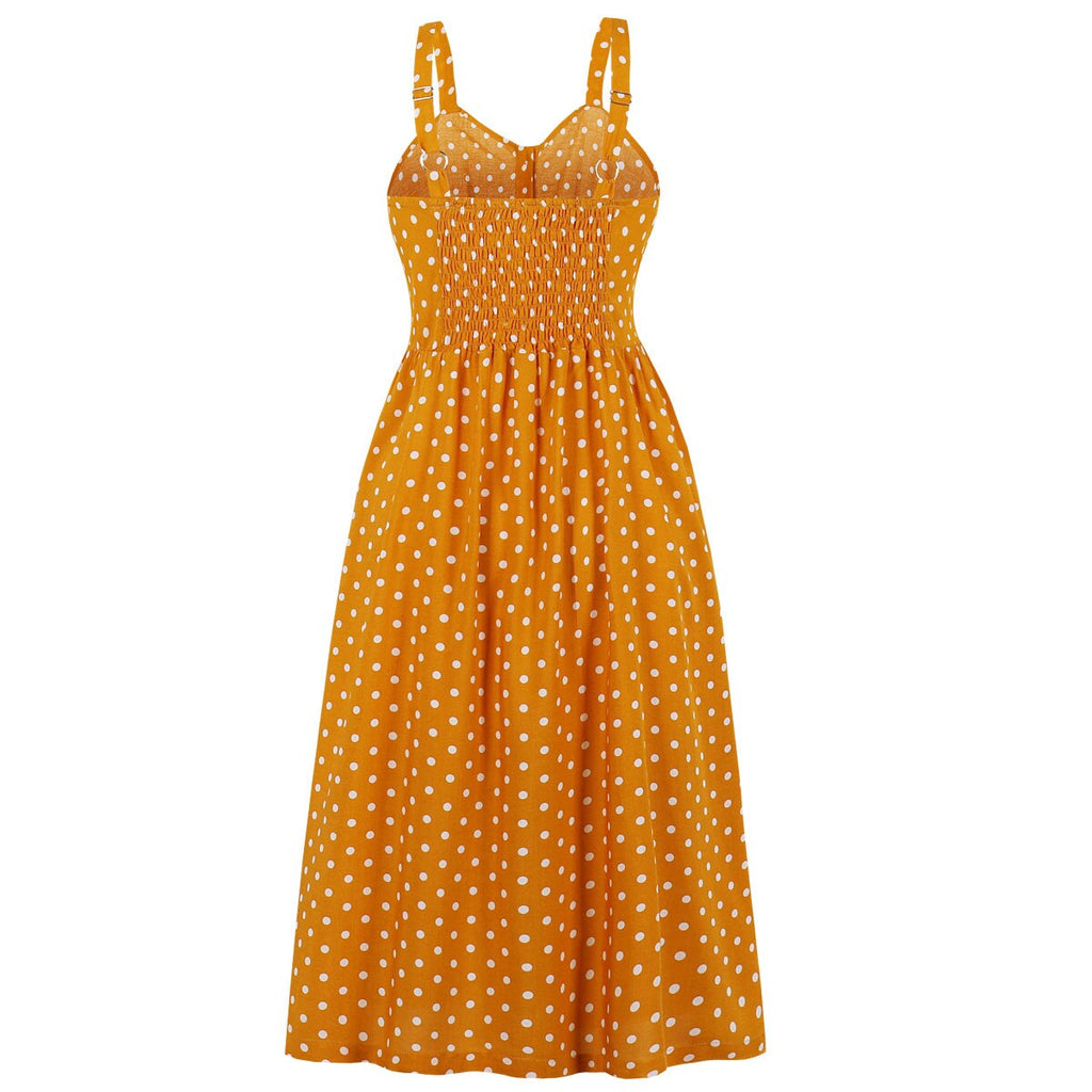 Retro Vintage Polka Dot Lapel Shirt Dress Spaghetti Straps Leisure Work Slim Midi Tunic Beach Sundress Plus Size Vestidos