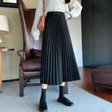 Women Casual Pleated Skirts Spring Korean Style All-match Vintage Woolen Ladies High Waist A-line Long Skirt