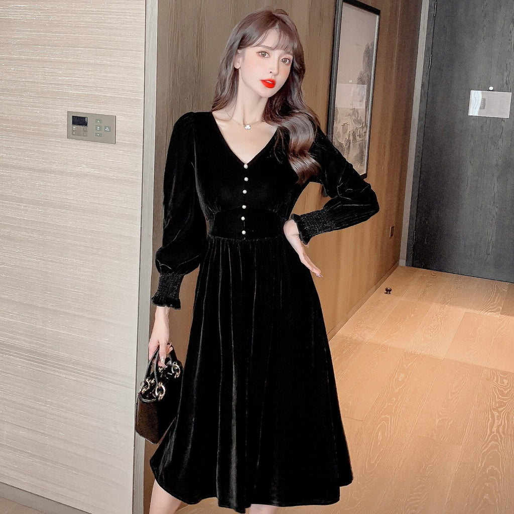 Women French Vintage Dress Button Front V-Neck A-line Dress Casual Sli – jetechband Women French Vintage Dress Button Front V-Neck A-line Dress Casual Sli – jetechband