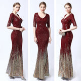 V-neck Evening Dress Half-Sleeves Shing Sequins Prom Gown Elegant Mermaid Party Dress