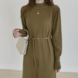 Autumn Winter Elegant Warm Knitted Dress With Belt Mock Neck Long Sleeve A Line Casual Midi Dress