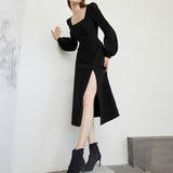 Spring Women Black Retro Split Dress Elegant Midi Designer Dress Female Long Sleeve Hepburn Style Chiffon Vintage Dress