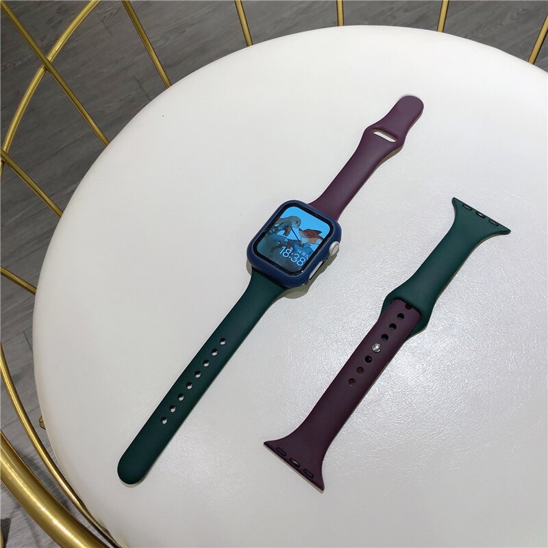 Slim silicone strap +Case For Apple Watch band 44mm 40mm 42mm 38mm Protector Cover belt correa bracelet Iwatch Series 6 5 4 3 SE