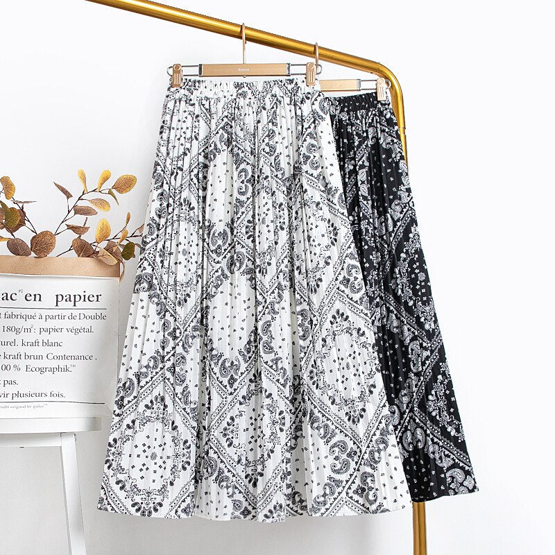 Elegant Vintage Geometric Print Pleated Skirt Women Summer Elastic High Waist Chiffon Midi Skirt