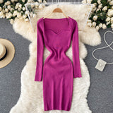 Autumn Winter Mini Dresses For Women Sweetheart Neck Long Sleeve Elegant Ribbed Knitted Dress Sexy Bodycon Dress