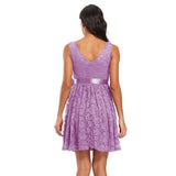 Lavender Elegant Sleeveless A Line Lace Mini Party O-Neck High Waist Vintage Pleated Dress with Belt