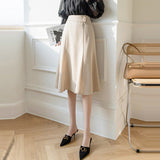 Office Lady Elegant A-line Long Korean Style Solid Color High Waist Women Casual Skirt