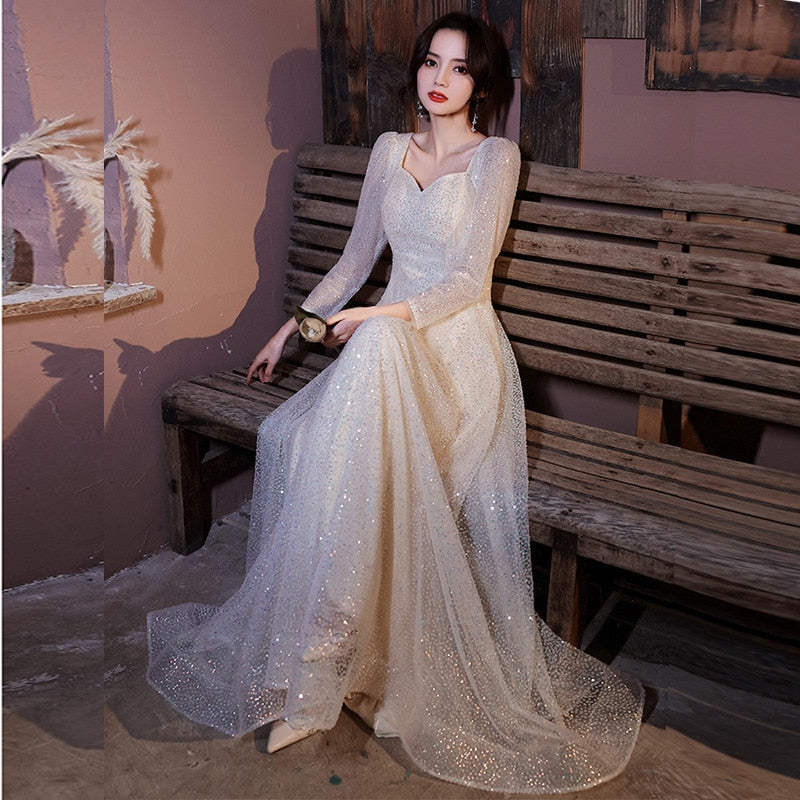 A-line Prom Long-sleeve Women Party Dresses Sequins Elegant Formal Robe Square Neck Evening Dress