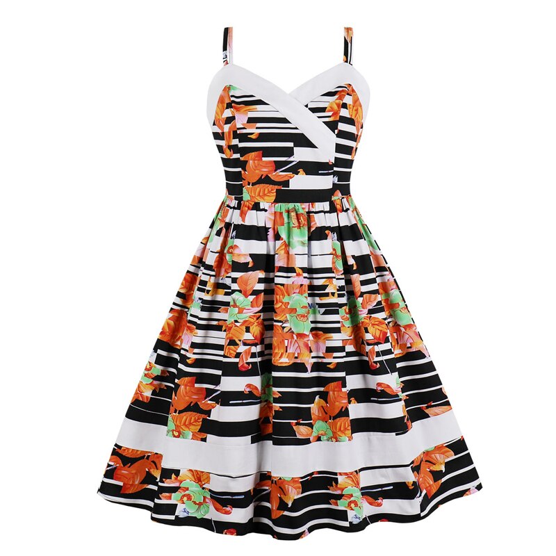 Color Block and Floral Print High Waist Rockabilly Vintage Spaghetti Strap 50s Retro Pleated Dress