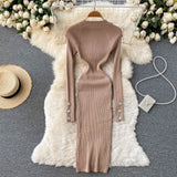 Autumn Winter Midi Dresses For Women Crew Neck Long Sleeve Elegant Ribbed Knitted Dress Button Sexy Bodycon Dress