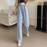 Women High Waist Casual Jeans Korean Style Solid Color All-match Ladies Straight Denim Pants